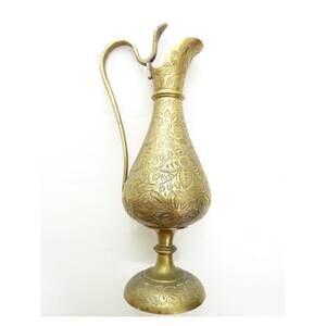Vintage Small Footed Brass Pitcher India Hand Etched